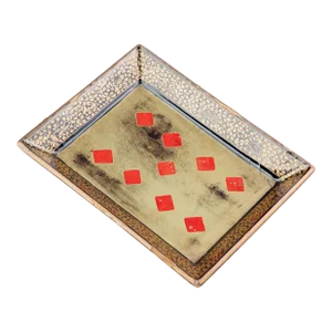 Antique English Papier Mache Rectangular Tray in Black With Gold and Red Diamond Decor