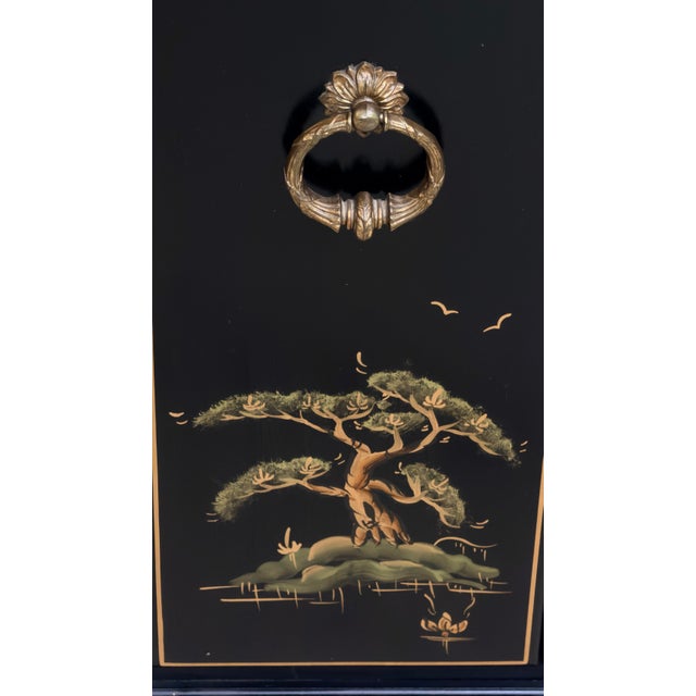 Black Lacquered Chinoiserie Handpainted Demi Lune Cabinet For Sale - Image 9 of 12
