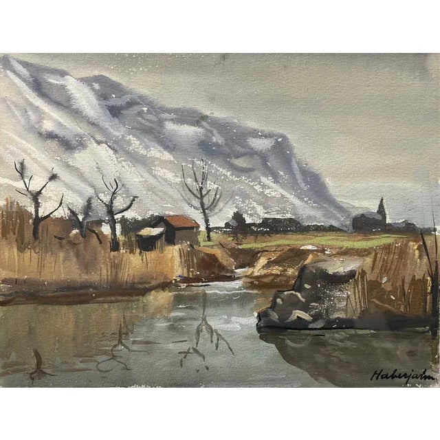 Aqua Gabriel Eduard Haberjahn, River and Snowy Mountain, 1920s, Watercolor For Sale - Image 8 of 8
