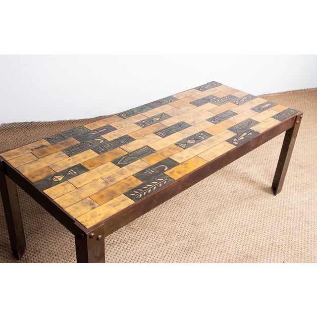 Metal Coffee Table in Glazed Ceramic with Steel Base by Jean Garbero for Vallauris, 1950s For Sale - Image 7 of 16