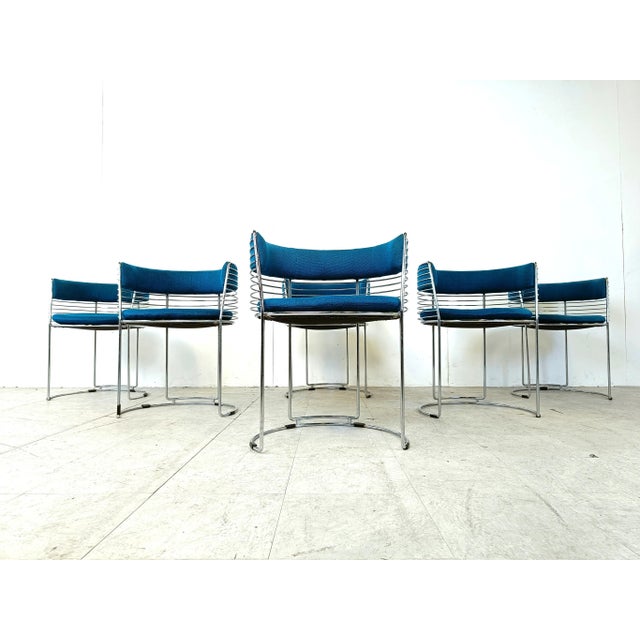 Textile Chrome Wire and Blue Fabric Dining Chairs, 1970s, Set of 6 For Sale - Image 7 of 12