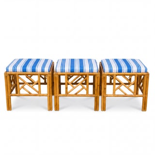 1970s Chinese Chippendale Style Rattan / Bamboo Ottomans / Tables in Blue and White -S/3 For Sale