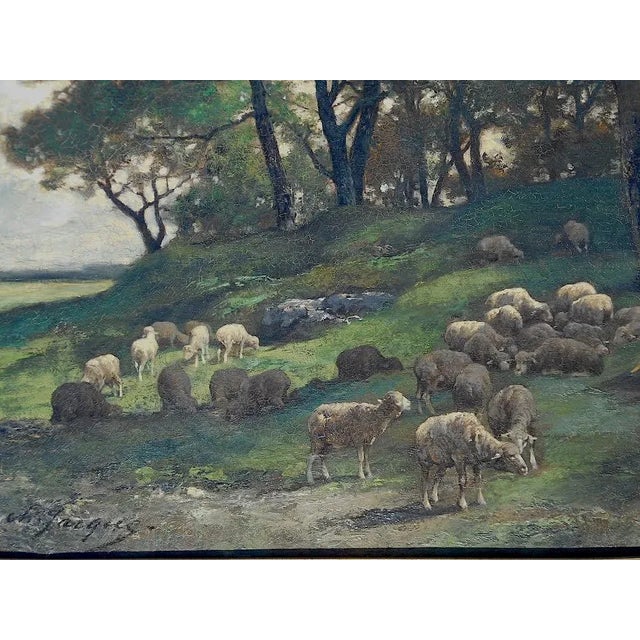 Impressionist Original Signed Antique Oil on Canvas-Sheep & Shepherd-Charles Emile Jacque-Barbizon School For Sale - Image 3 of 8