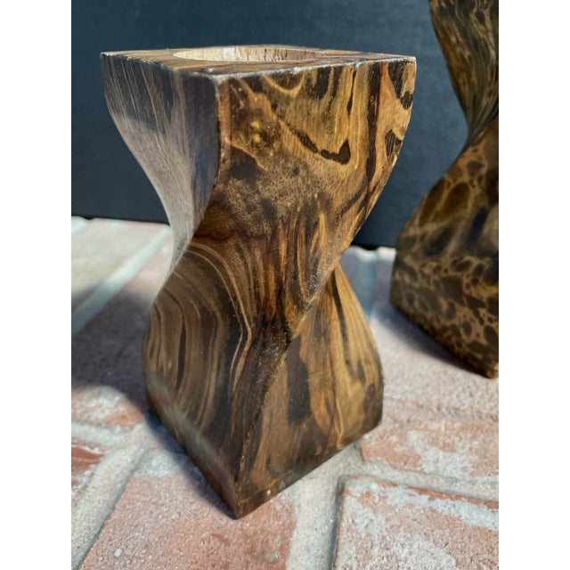 Coffee Twisted Faux Tortoise Painted Wood Candle Holders - Set of 3 For Sale - Image 8 of 13