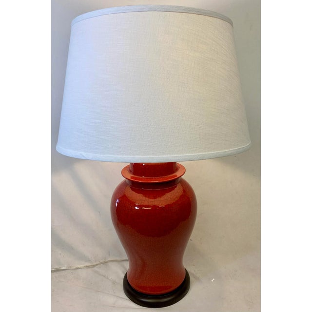 Porcelain Temple Jar Table Lamp in a Red Crackle Finish on a Wooden Base With White Barrel Lampshade For Sale - Image 12 of 12