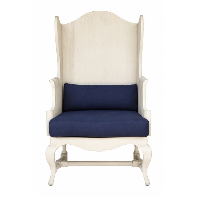 2000 - 2009 Vintage Rh Pale Grey Wood Wingbak Chair W/Navy Blue Seat For Sale - Image 5 of 11