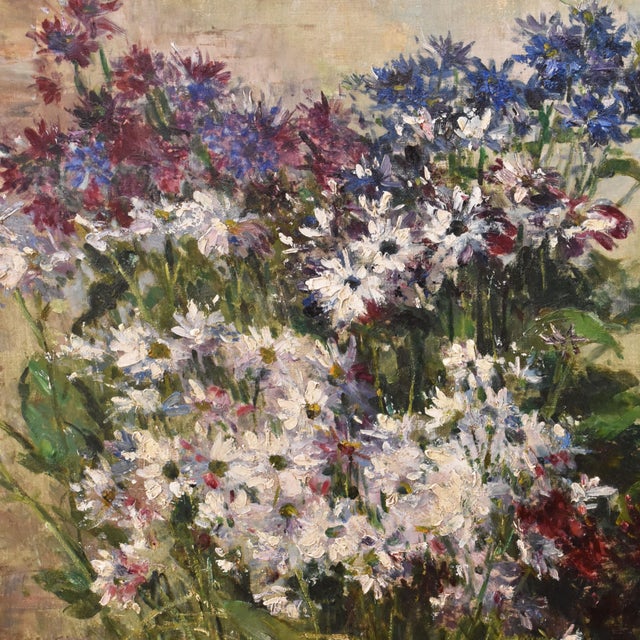 Hubert Bellis, Still Life with Vase of Cornflowers and Daisies, 19th Century, Oil on Canvas For Sale - Image 5 of 11