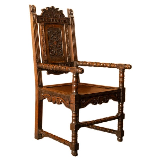 Antique Welsh Carved Oak Eisteddfod Bardic Chair Newmarket Trelawnyd Wales 1901 For Sale - Image 11 of 17