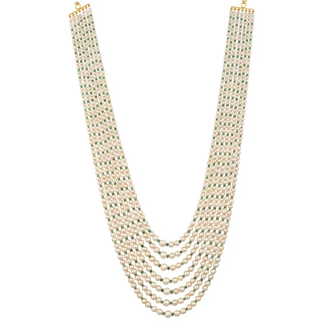 Contemporary 7Layer Fresh Water Pearl , Emerald Bead + 14K Spacer Clasp Opera Length Necklace For Sale - Image 3 of 18