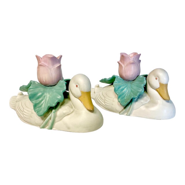 1970s Vintage Fitz & Floyd Coastal Americana Duck & Tulip Candleholders - A Pair For Sale