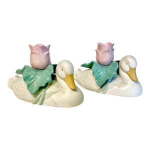 1970s Vintage Fitz & Floyd Coastal Americana Duck & Tulip Candleholders - A Pair - Easter
