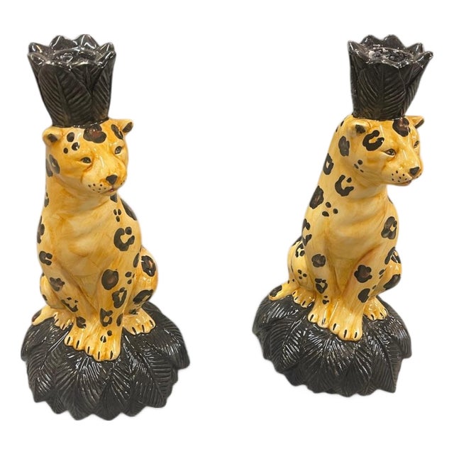 Vintage Italian-Style Ceramic Leopard Palm Leaf Taper Candle Holders - Pair For Sale