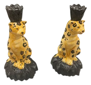 Vintage Italian-Style Ceramic Leopard Palm Leaf Taper Candle Holders - Pair