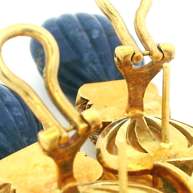 1980s Italian Carved Lapis Topaz Diamond 18k Gold Drop Earrings, Pair For Sale - Image 17 of 17