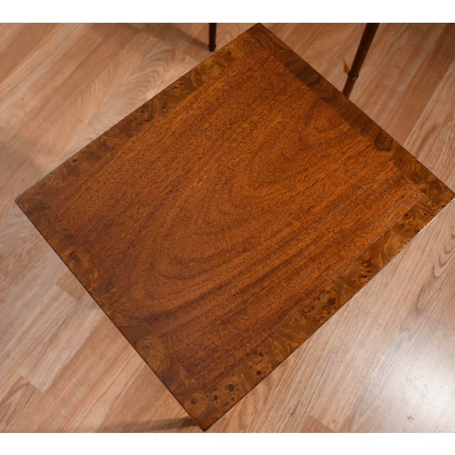 Brown 1960s Vintage Baker Furniture English Mahogany Burl Wood Nesting Tables Tiered Set For Sale - Image 8 of 13