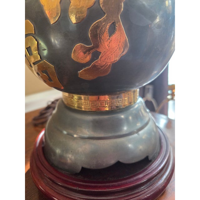 Gray Vintage Pewter & Brass Asian Chinoiserie Jar Lamp For Sale - Image 8 of 11