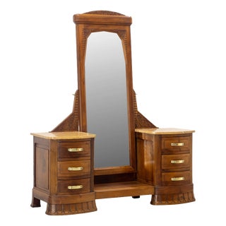 French Art Deco Dressing Table in Walnut, Marble and Mirror, 1920s For Sale