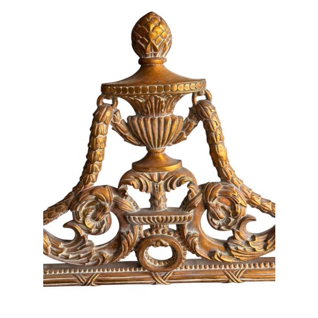 Late 20th Century Louis XVI Giltwood Mirror With Urn Crest & Pierced Ribbonwork — 56″ Neoclassical Elegance For Sale - Image 5 of 12