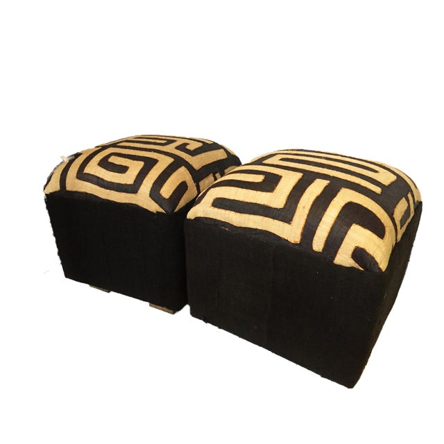 Custom Made African Kuba Textile Mud Cloth Ottomans Pair 18 H