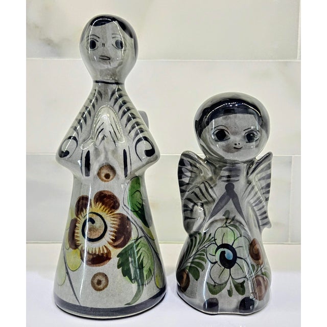 Vintage Tonalá Mexican pottery angel pair, hand painted with classic barro bruñido-style florals in earthy greens and...