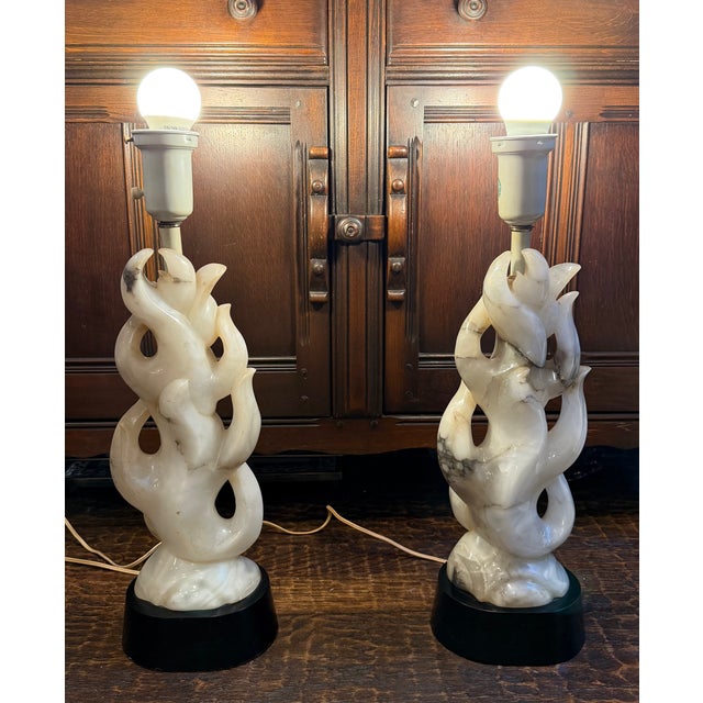 Mid-Century Modern 1951 Maurizio Tempestini for Lightolier Alabaster Flame Table Lamps - a Pair For Sale - Image 3 of 15