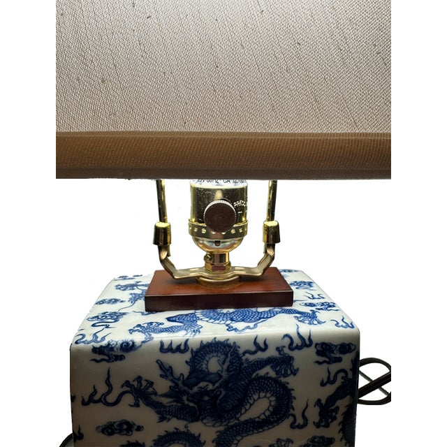 2010s Rare Vintage Ralph Lauren Blue & White Dragon Chinoiserie Porcelain Table Lamp With Brass and Wood Base For Sale - Image 5 of 18
