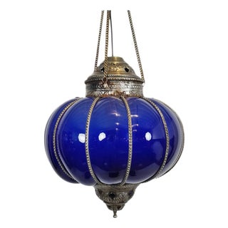 Vintage Indian Blue Glass Pumpkin Pendant Light For Sale