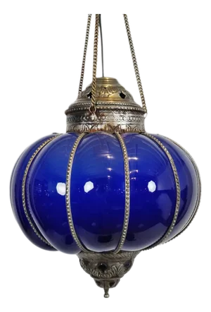 Vintage Indian Blue Glass Pumpkin Pendant Light