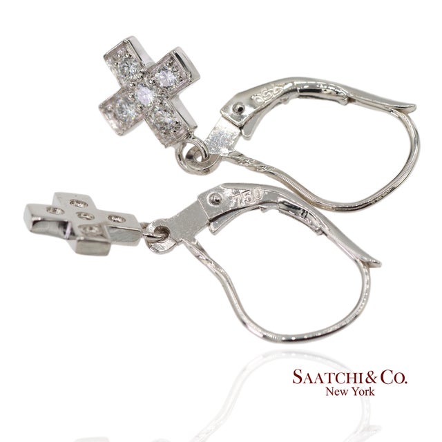 Early 21st Century 18k 750 Solid White Gold Natural Diamond Drop Hanging Cross Shape Earrings, A Pair For Sale - Image 5 of 10