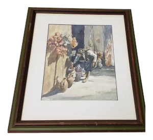 Vintage Watercolor "The Shopkeeper" by Mystery Artist