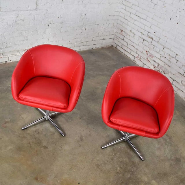 Late 20th Century MCM Swivel Bucket Chairs New Red Vinyl Faux Leather & Chrome X Base by Shelby Williams For Sale - Image 10 of 13