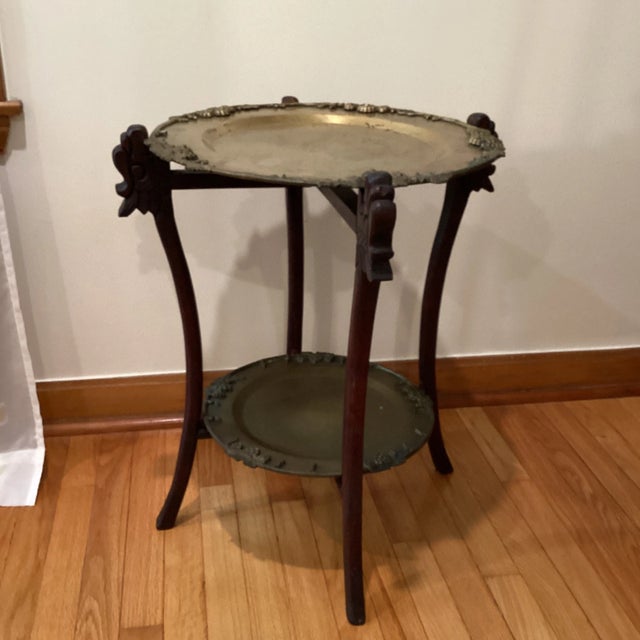 Early 20th Century Antique Chinese Two Tiered Brass Occasional Tray Table With Engraved Tops For Sale - Image 10 of 13