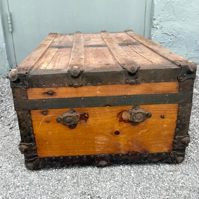 Antique Low Profile Flat Top Wooden Trunk For Sale In West Palm - Image 6 of 10