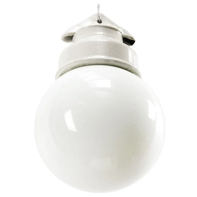 Vintage Industrial White Porcelain & Opaline Milk Glass Pendant Lamp For Sale - Image 4 of 7