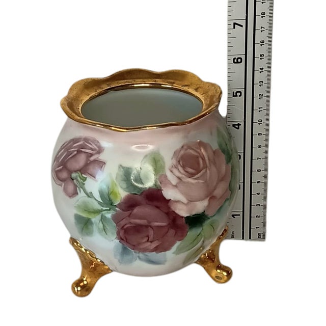 VTG Floral Handpainted Porcelain Jardiniere Rose Bowl Vase Gold Three Footed 5" For Sale - Image 17 of 17