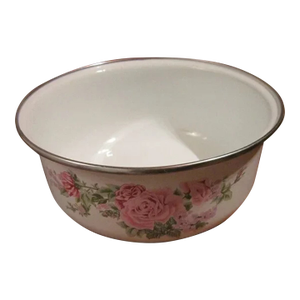 Vintage Pink and Purple Floral Enamel Bowl, White/ Silvertone Farmhouse Chic