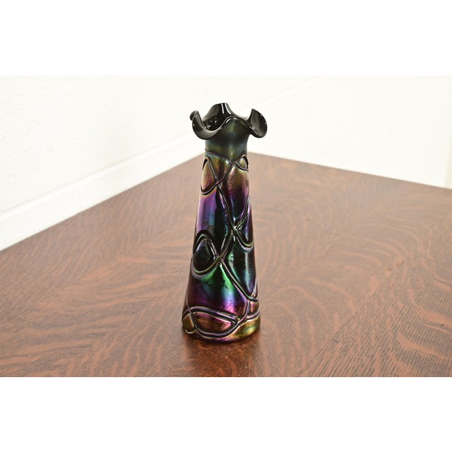 Art Deco Pallme-Konig & Habel Antique Austrian Threaded Iridescent Art Glass Vase, Circa 1900 For Sale - Image 3 of 12