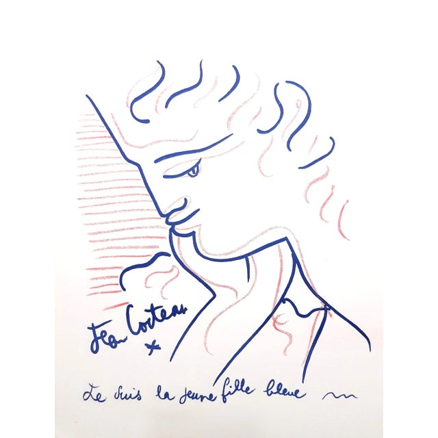 Young Girl in Blue Lithograph by Jean Cocteau, 1958 For Sale