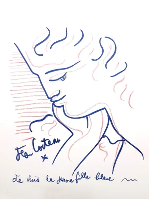 Young Girl in Blue Lithograph by Jean Cocteau, 1958