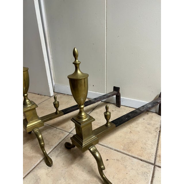 Mid 20th Century Vintage Pair of Victorian Queen Anne Style Polished Brass Andirons For Sale - Image 5 of 12