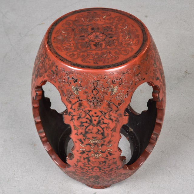 Red Vintage Chinese Carved and Etched Wooden Drum Table or Stool For Sale - Image 8 of 12