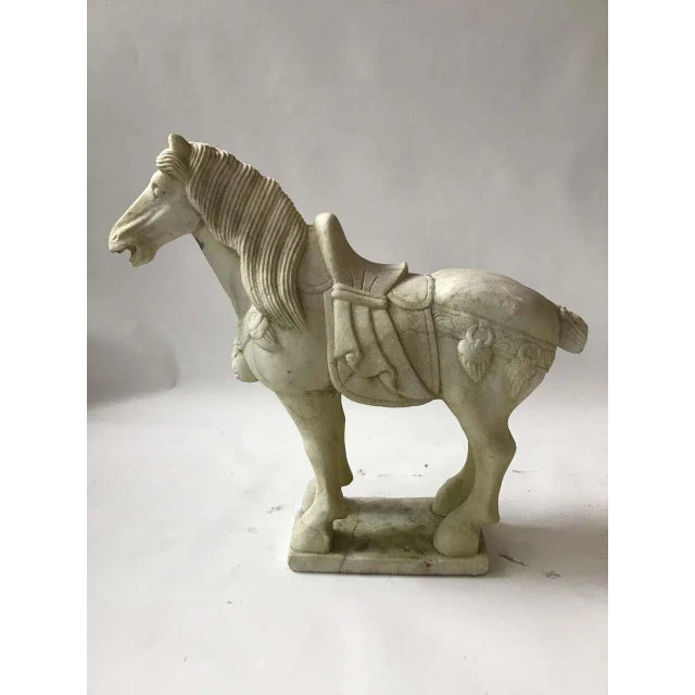Pair of beautiful 1960s carved marble Asian horses. From a Southampton, NY estate where they guarded the front door.