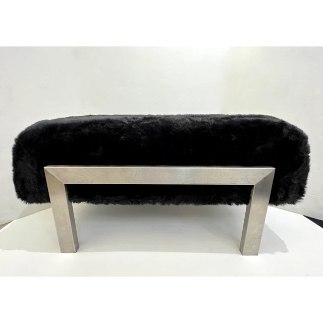 Metal 1970s Italian Vintage Black Faux Fur Steel Bed Stool Bench For Sale - Image 7 of 13