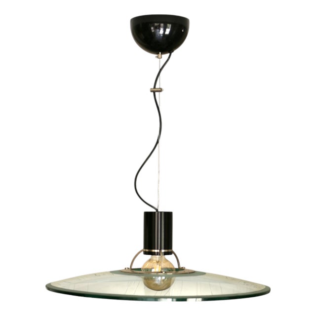 Large Chandelier in Thick Glass, Chrome and Black Lacquered Metal, Italy, 1970s For Sale