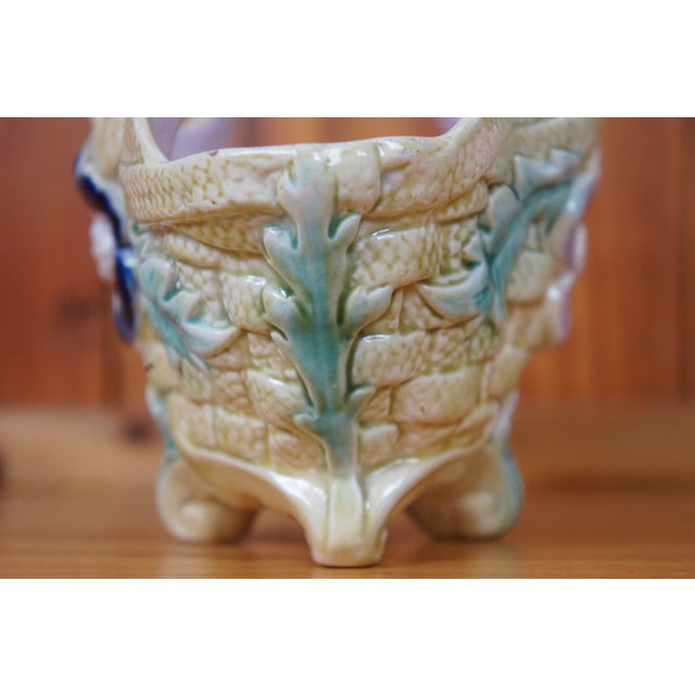 Antique Victorian Majolica Handled Footed Flower Basket Planter Compote For Sale - Image 11 of 12