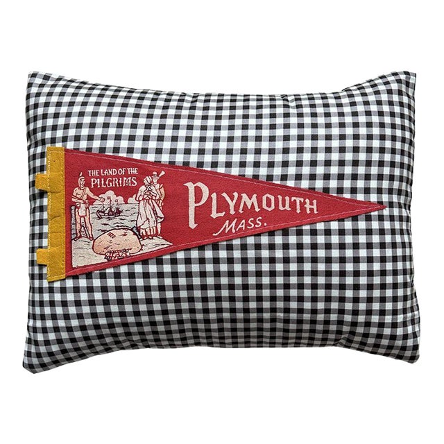 Massachusetts Plymouth Vintage Pennant on New Woven Throw Pillow For Sale