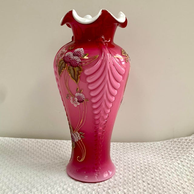 Fenton "Berries of Wild Rose" Vase, Cranberry/White, Limited Edition 928/1250 Large vase in white glass cased in cranberry...