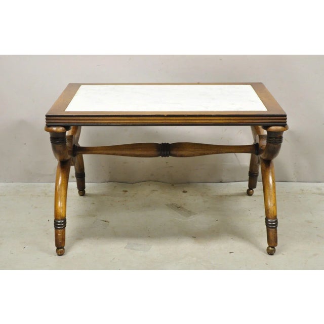 Vintage Italian Neoclassical / Regency Style Low Walnut Marble Top Curule X-Frame Accent Side Table. Circa Mid 20th...