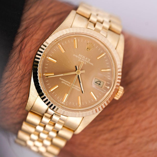 Vintage Rolex Op Date 34mm 14k Gold Champagne Dial Watch For Sale - Image 9 of 13