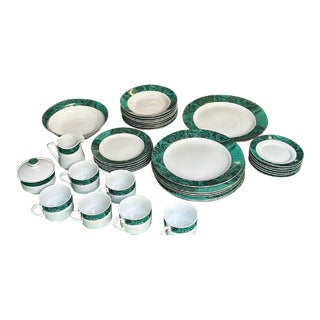 1970s Malachite Dinnerware Collection With Gold Lining- 37 Pieces For Sale